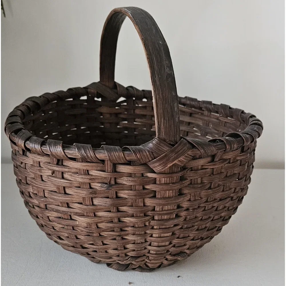 Antique Primitive Woven Split Oak Handle Gathering Basket  SMALL 9